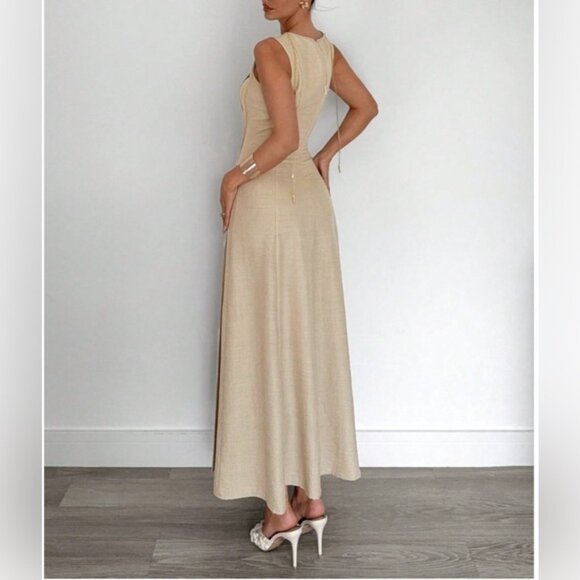 Split Pleated Waist A-Line Dress Beige - Picture 2 of 6